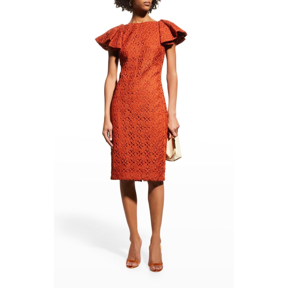 Badgley Mischka Mini Dress Lace Rust Flutter Sleeves Women's 6 Designer Luxury